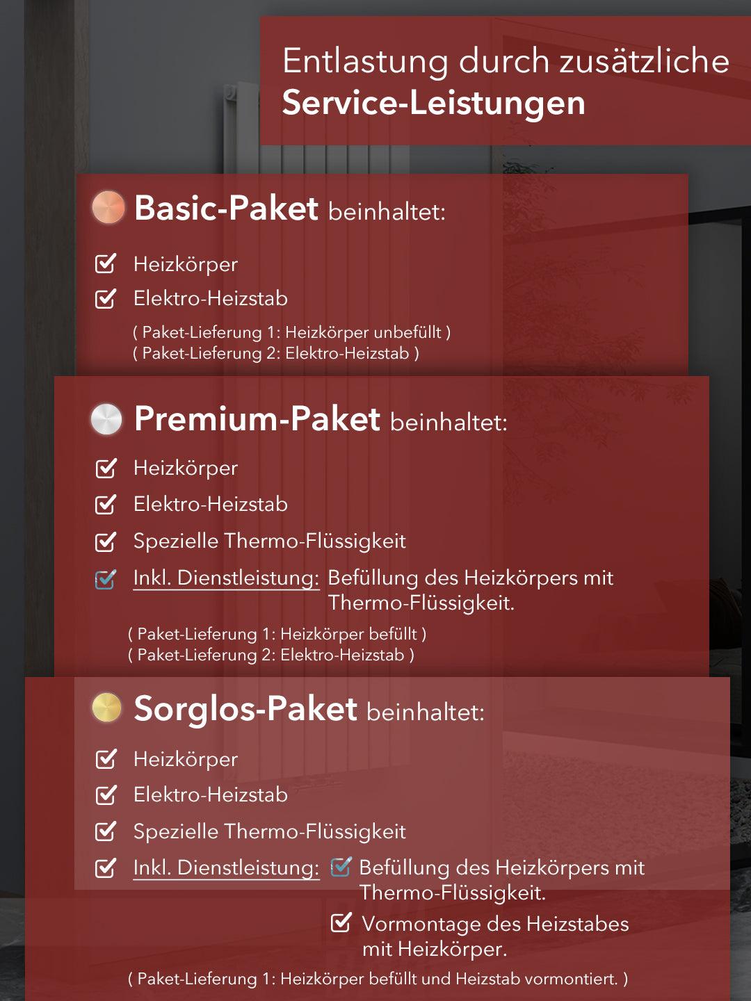 Dienstleistungsbefüllung und Elektroheizstabvormontage (ohne Heizstab – separat auswählbar)